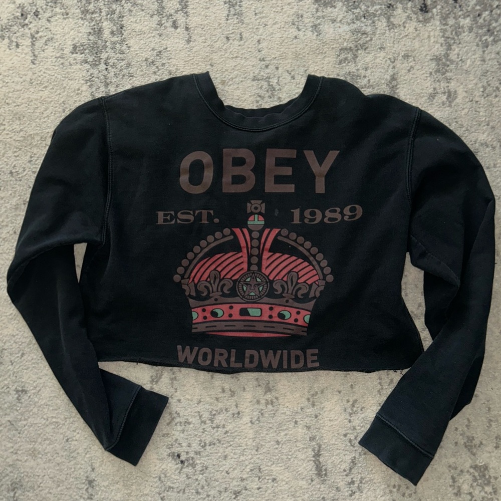 Obey Black Cropped Crewneck with Crown Design